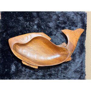 MCM Teak Carved Wooden Fish-Shaped Bowl Handcrafted